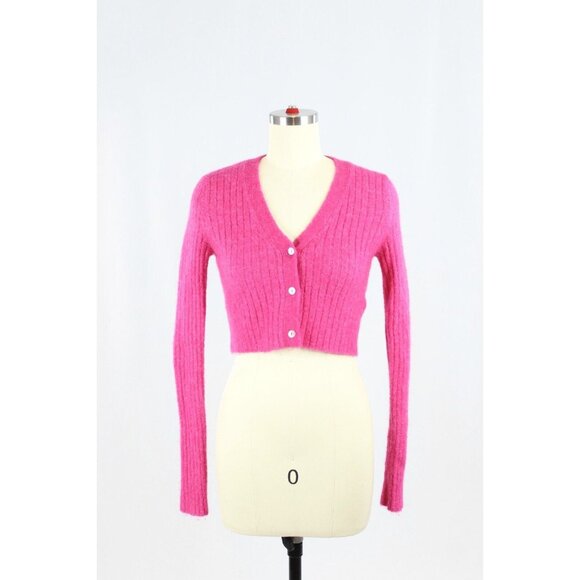 Zara Sweaters - ZARA Hot Pink Wool Alpaca Ribbed Knit V-Neck Cropped Cardigan Sweater, Size S